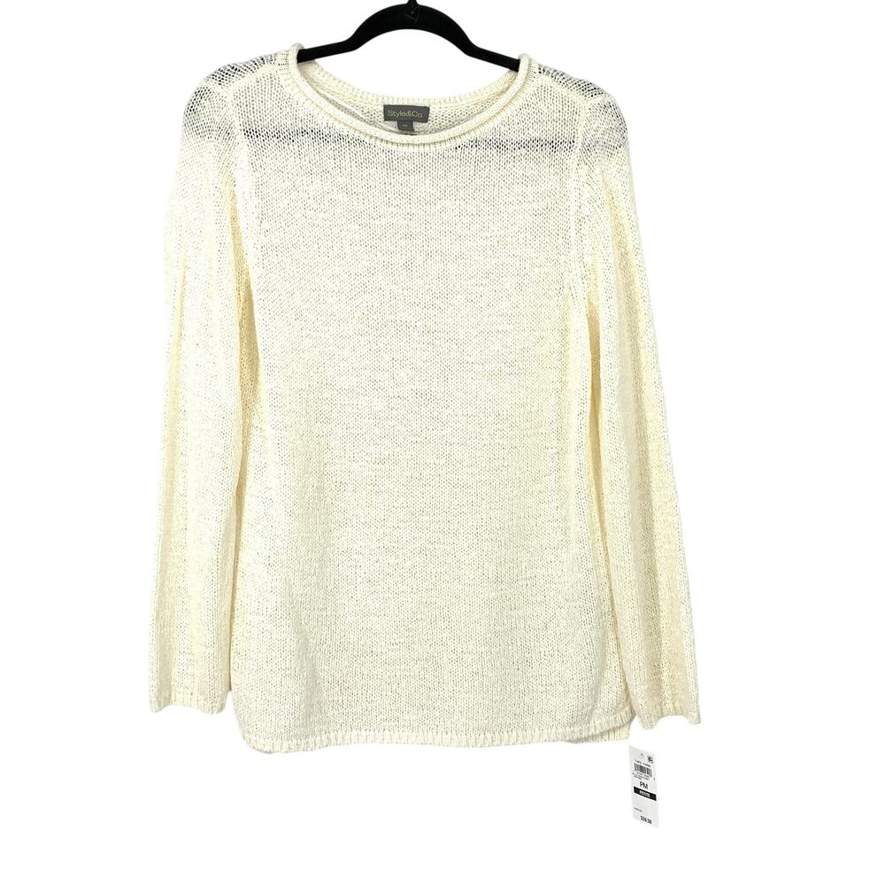 Style & Co Rolled Neck Long Sleeve Pullover Sweater Womens PM Cream Open Knit